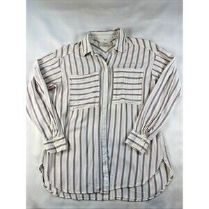 LOFT Shirt Women XS Blue White Red Stripe Long Sleeve Rayon Button Front Classic